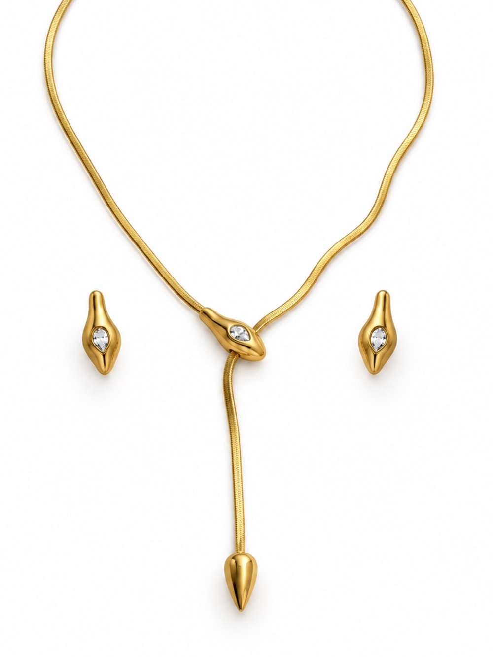 Gold Snake Lariat Necklace and Snake Stud Earring Set